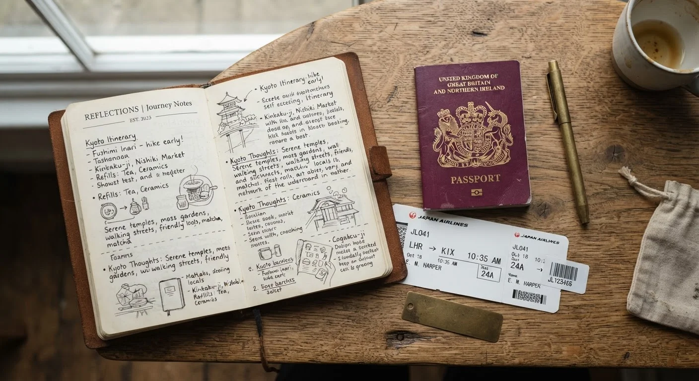 Open travel journal beside a passport and boarding pass on a wooden desk