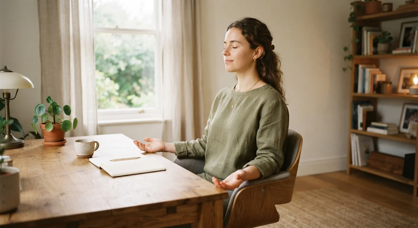 Person sitting calmly at a desk with eyes closed in a brief meditation practice