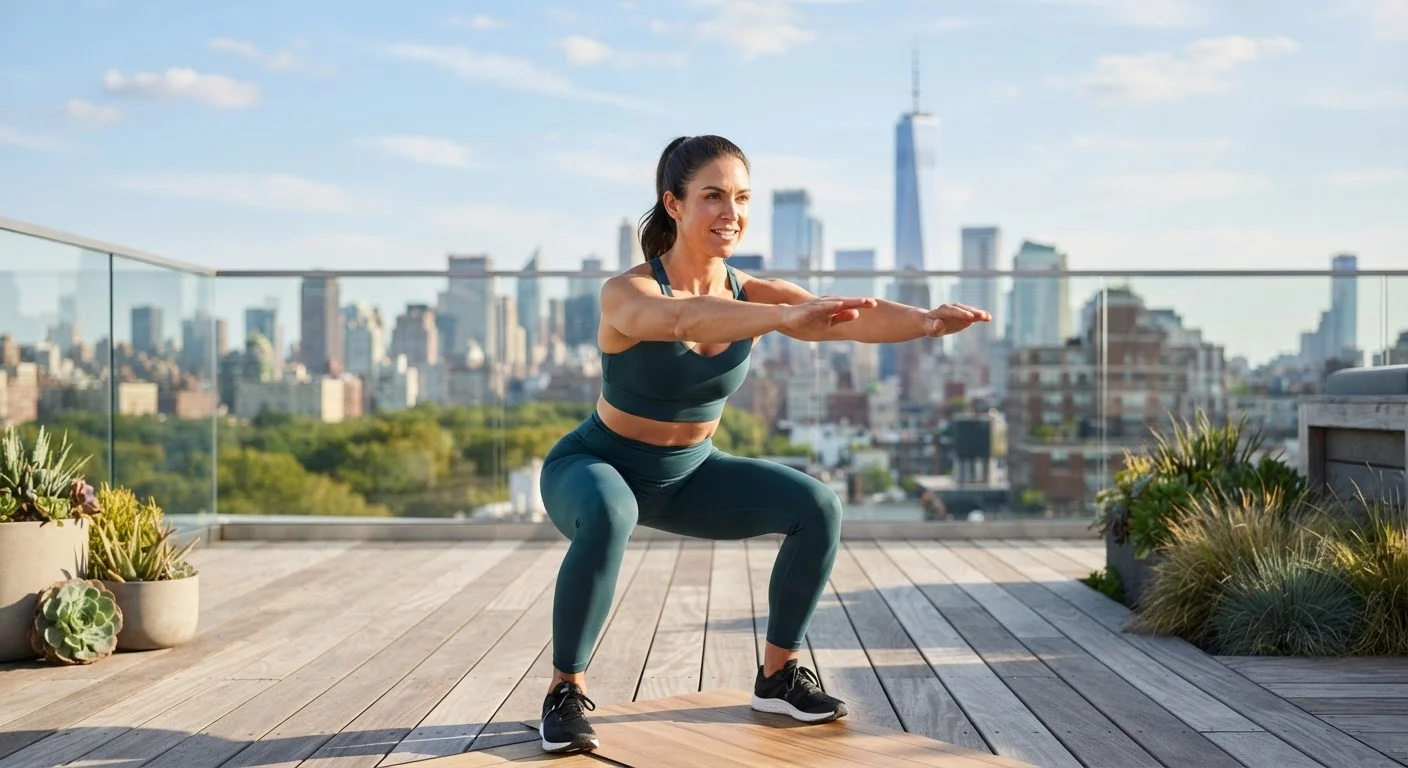 Person doing a bodyweight squat outdoors with no gym equipment in natural light