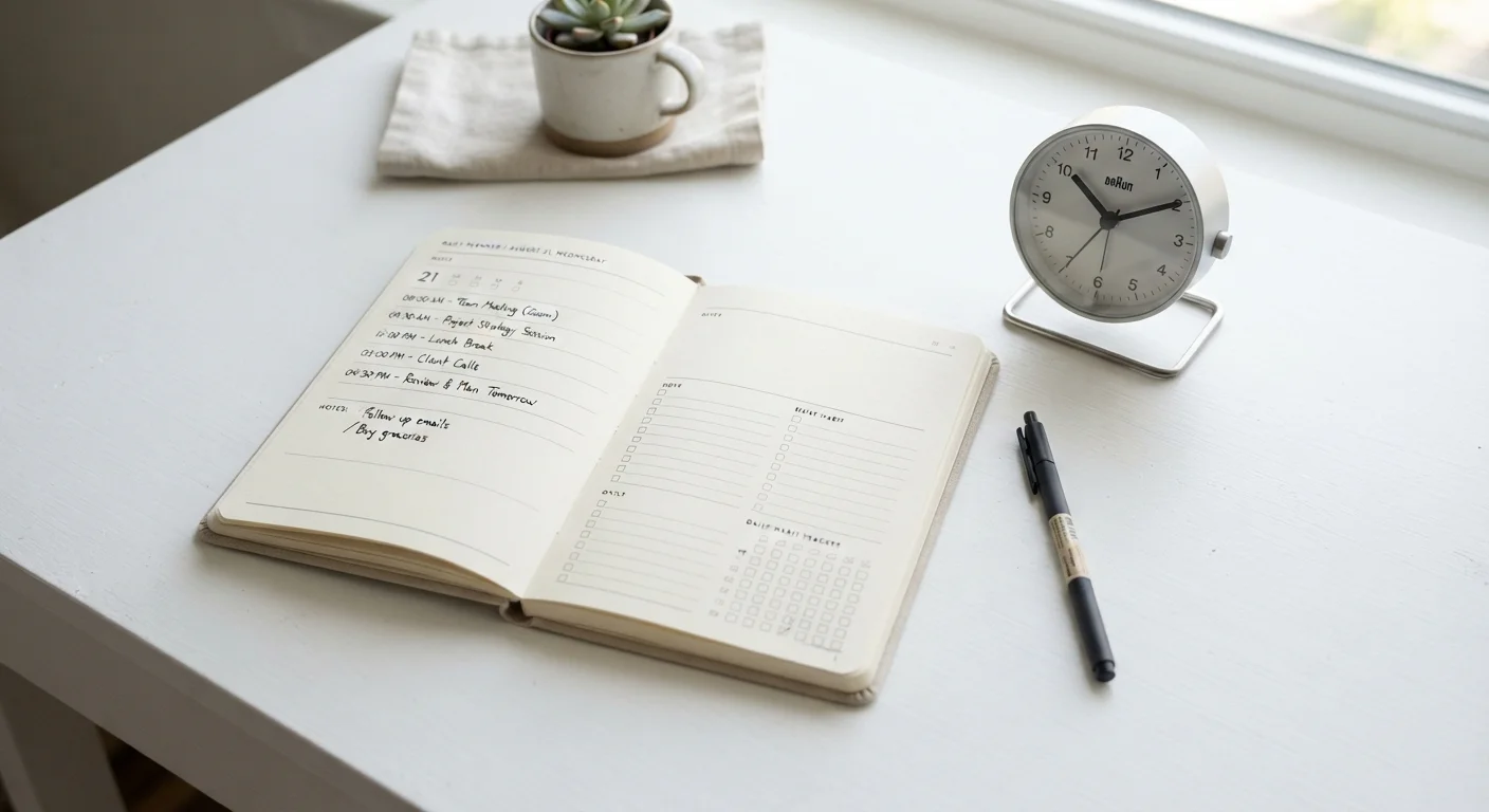 Minimalist daily planner and clock on a clean white desk representing routine design