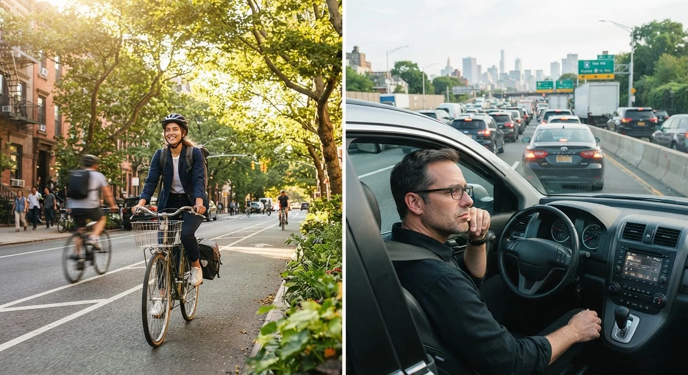 A cyclist commuting on a city street alongside a car stuck in morning traffic