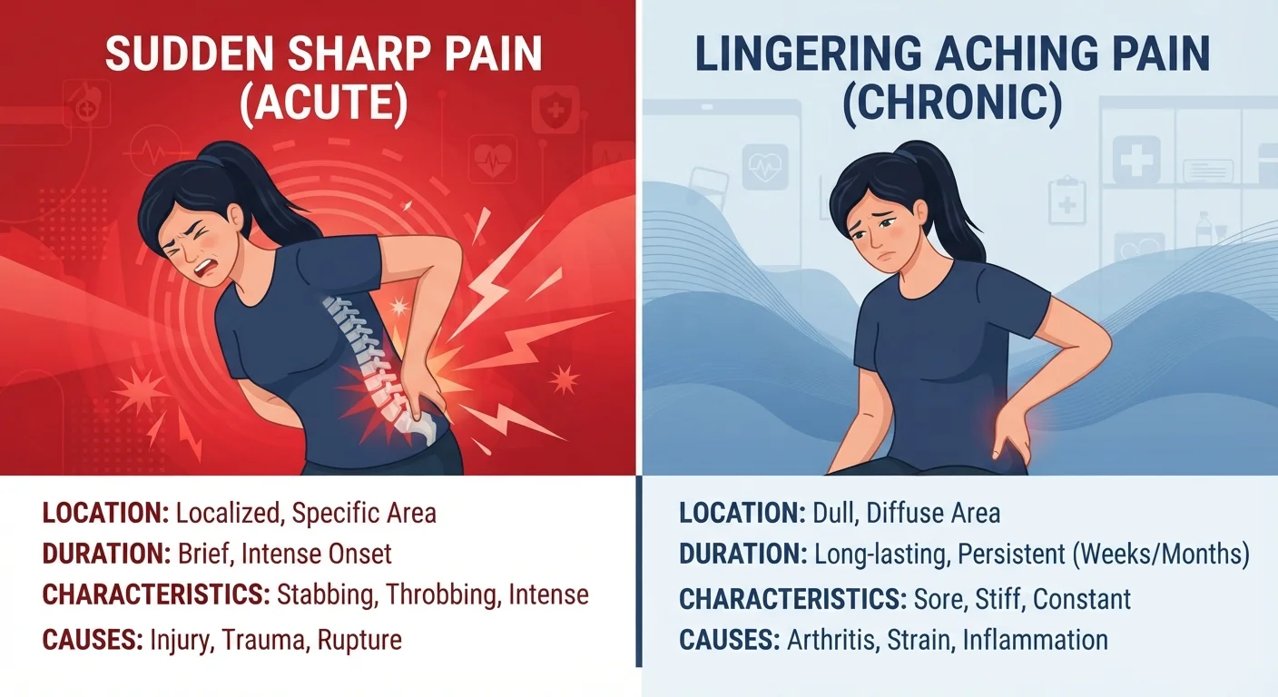Split illustration contrasting a sudden acute pain moment with a persistent chronic ache
