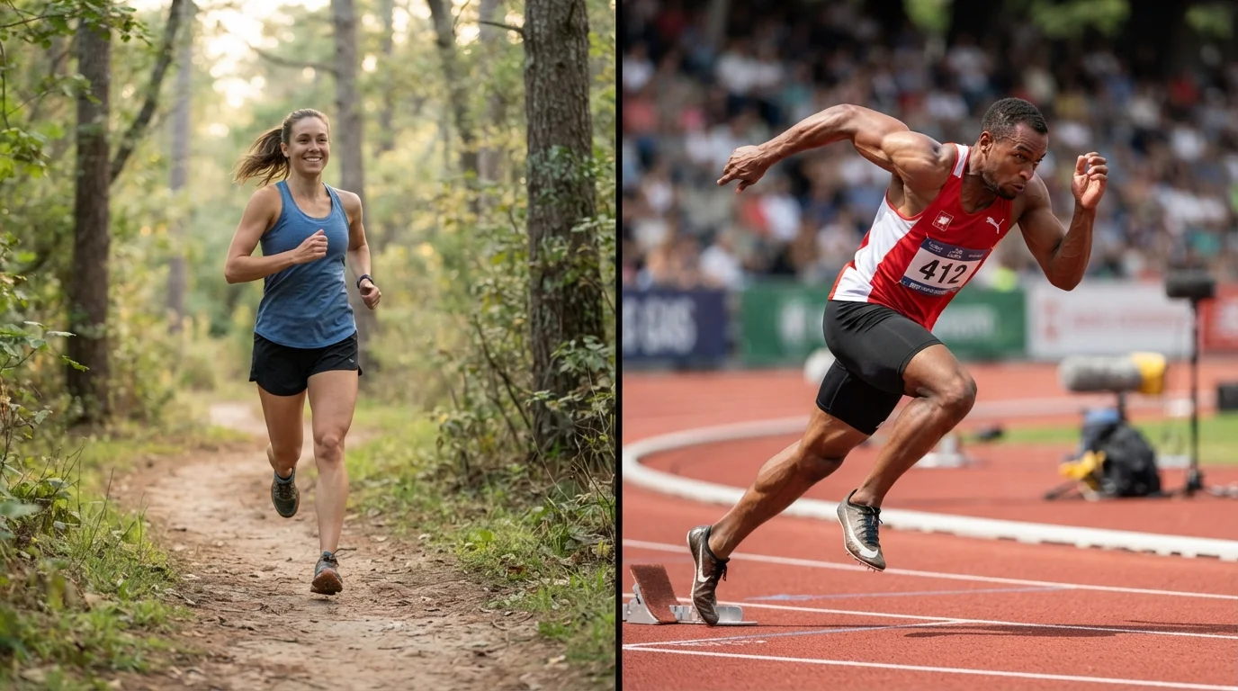 Two athletes side by side — one jogging steadily, one sprinting explosively on a track