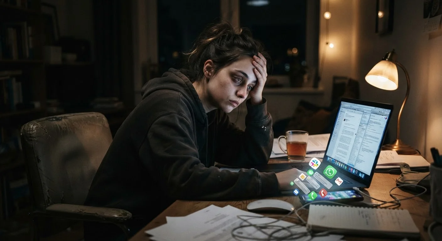Person working late at night with glowing laptop and smartphone showing notifications