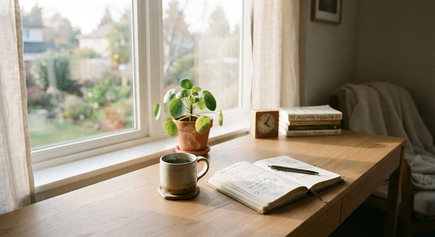 A sunlit morning workspace with a coffee mug, journal, and plant suggesting intentional daily routine