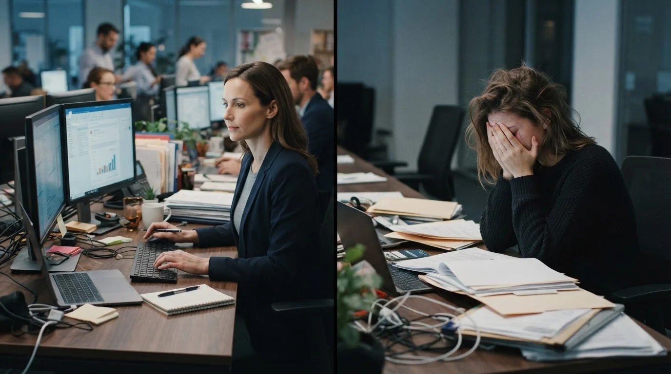 Two people experiencing contrasting emotional states — manageable stress versus overwhelming anxiety