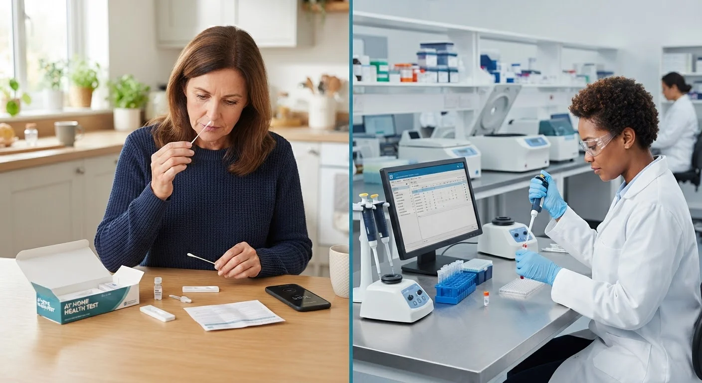Side-by-side view of at-home health test kit and a clinical laboratory setting with technician