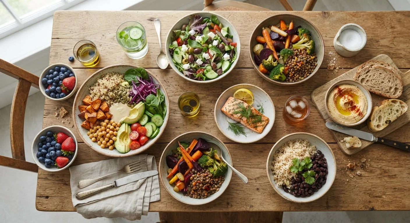 Overhead view of a balanced meal spread with colorful vegetables, grains, legumes, and protein