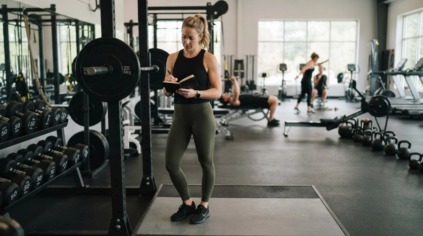 Adult athlete reviewing a pre-workout checklist in a gym before a strength training session