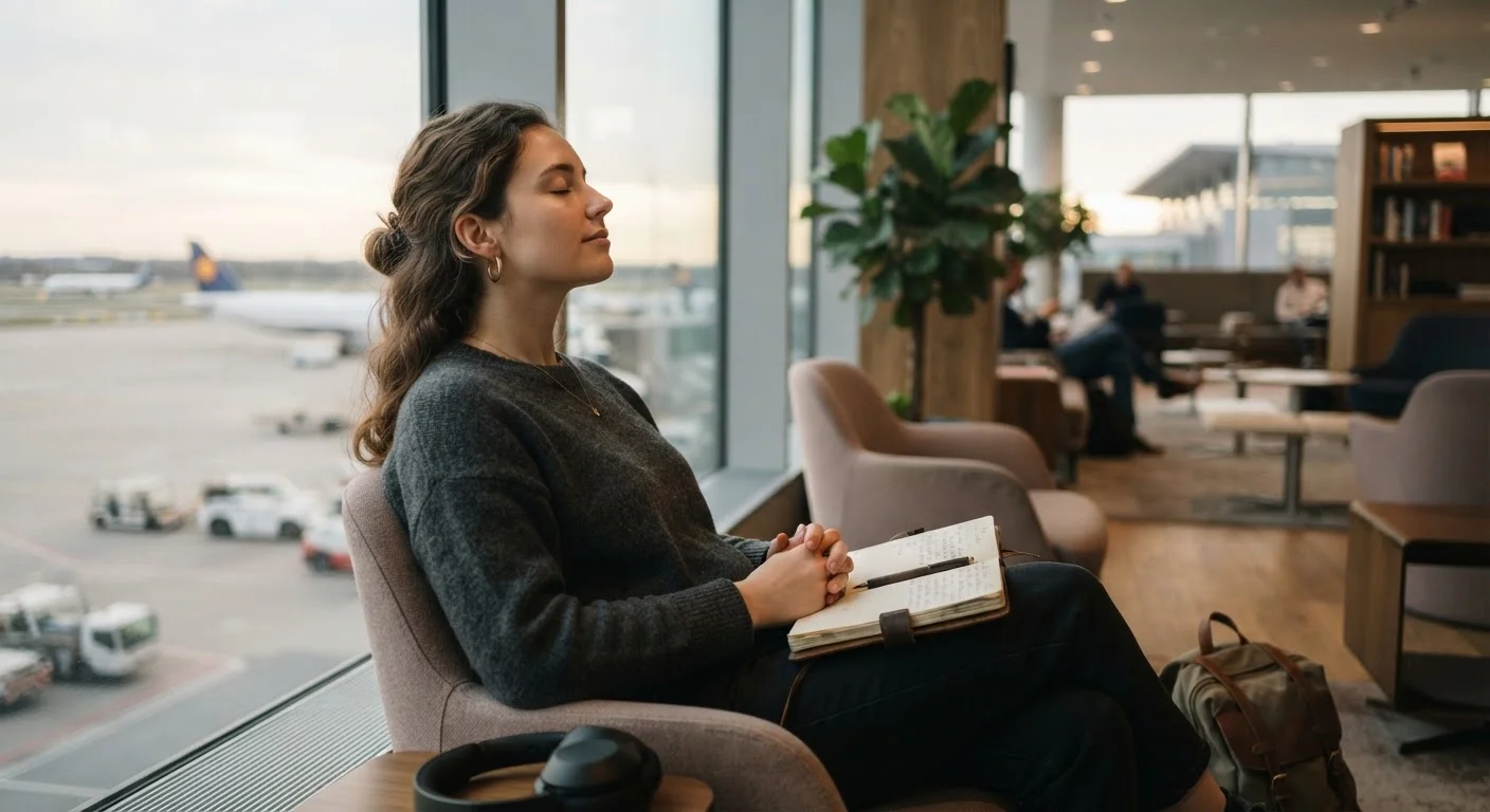 A traveler sitting quietly in an airport lounge with a journal, appearing calm and composed before a trip