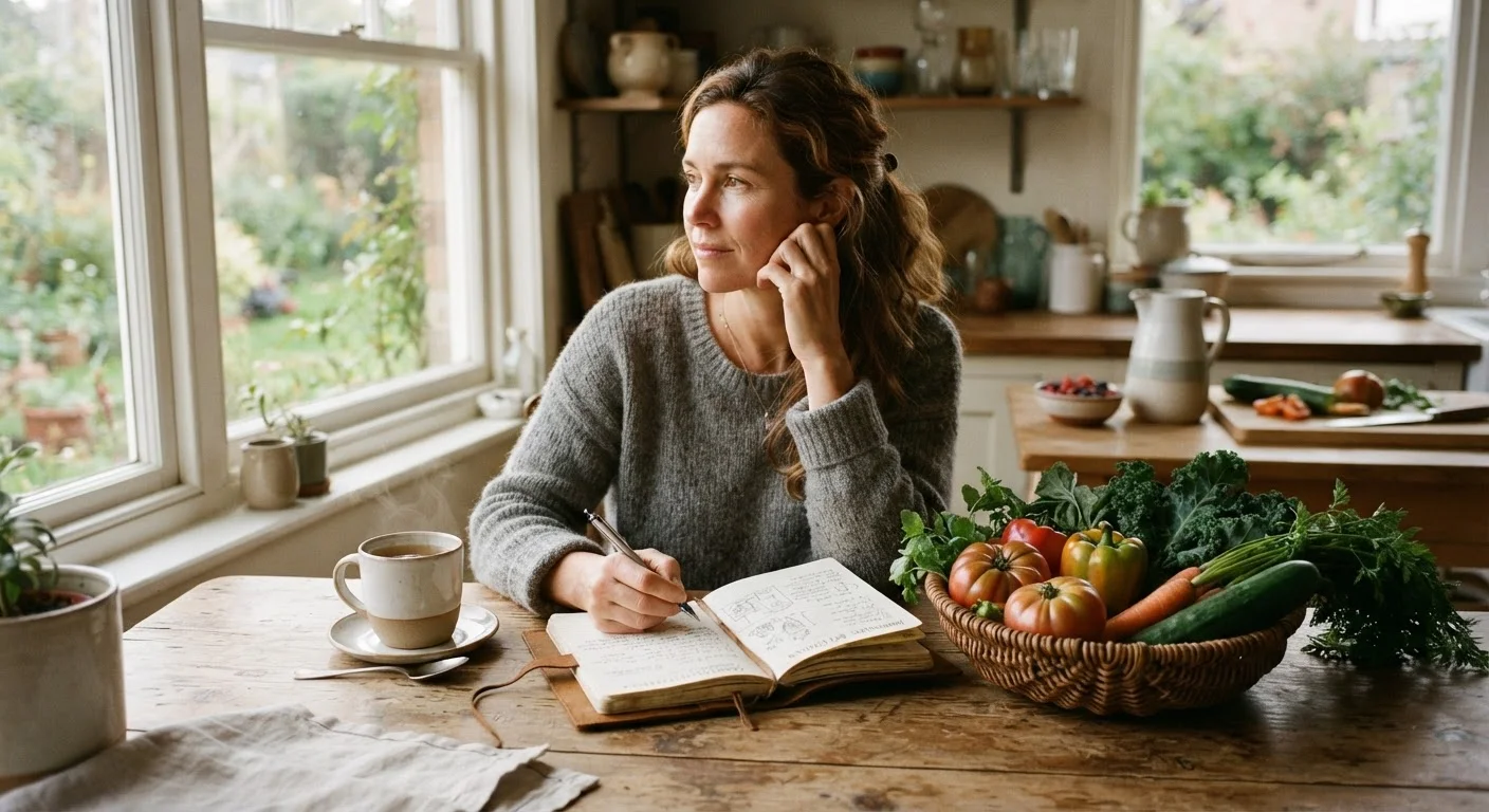 Adult sitting at kitchen table with journal and fresh vegetables, preparing to assess dietary change.
