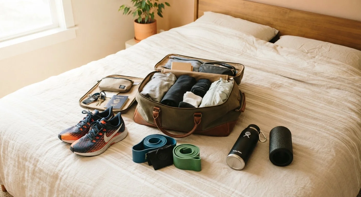 Open travel bag with running shoes, resistance bands, water bottle, and foam roller laid out on a bed