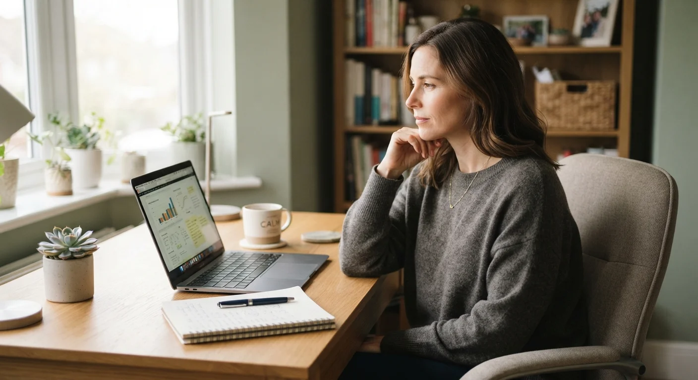 An adult calmly reviewing health information on a laptop with a notepad beside them