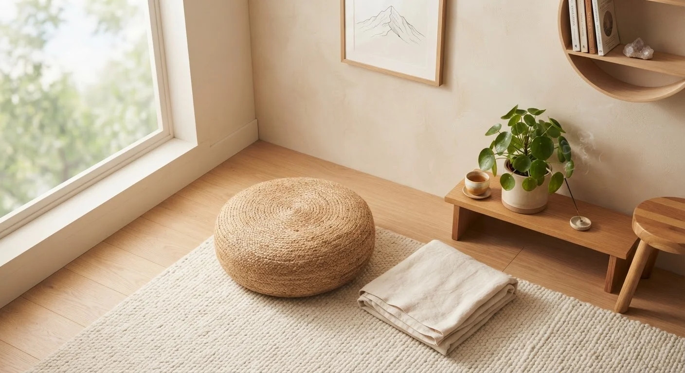 A serene meditation corner with a cushion, folded blanket, and small green plant in soft morning light.