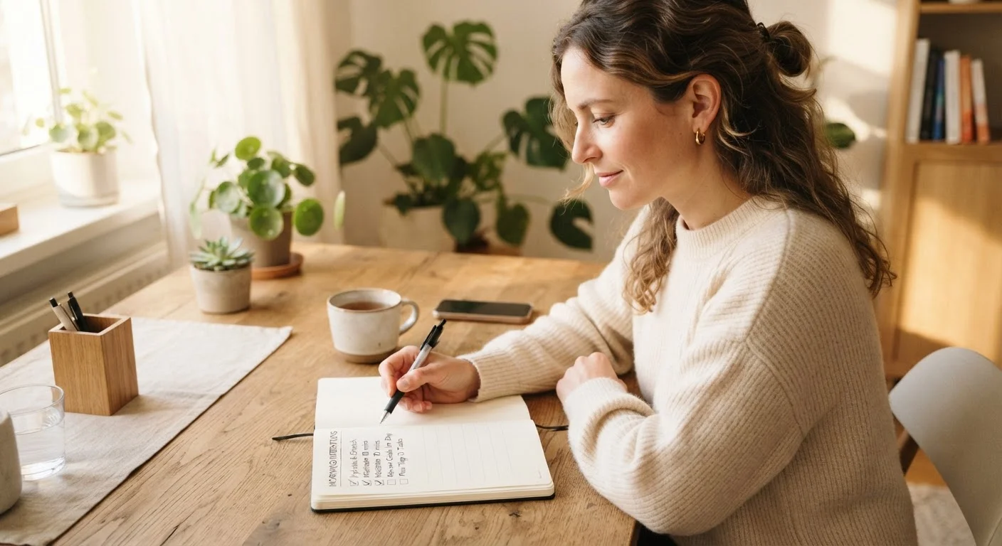 Person reviewing a self-assessment checklist in a notebook at a tidy desk in morning light