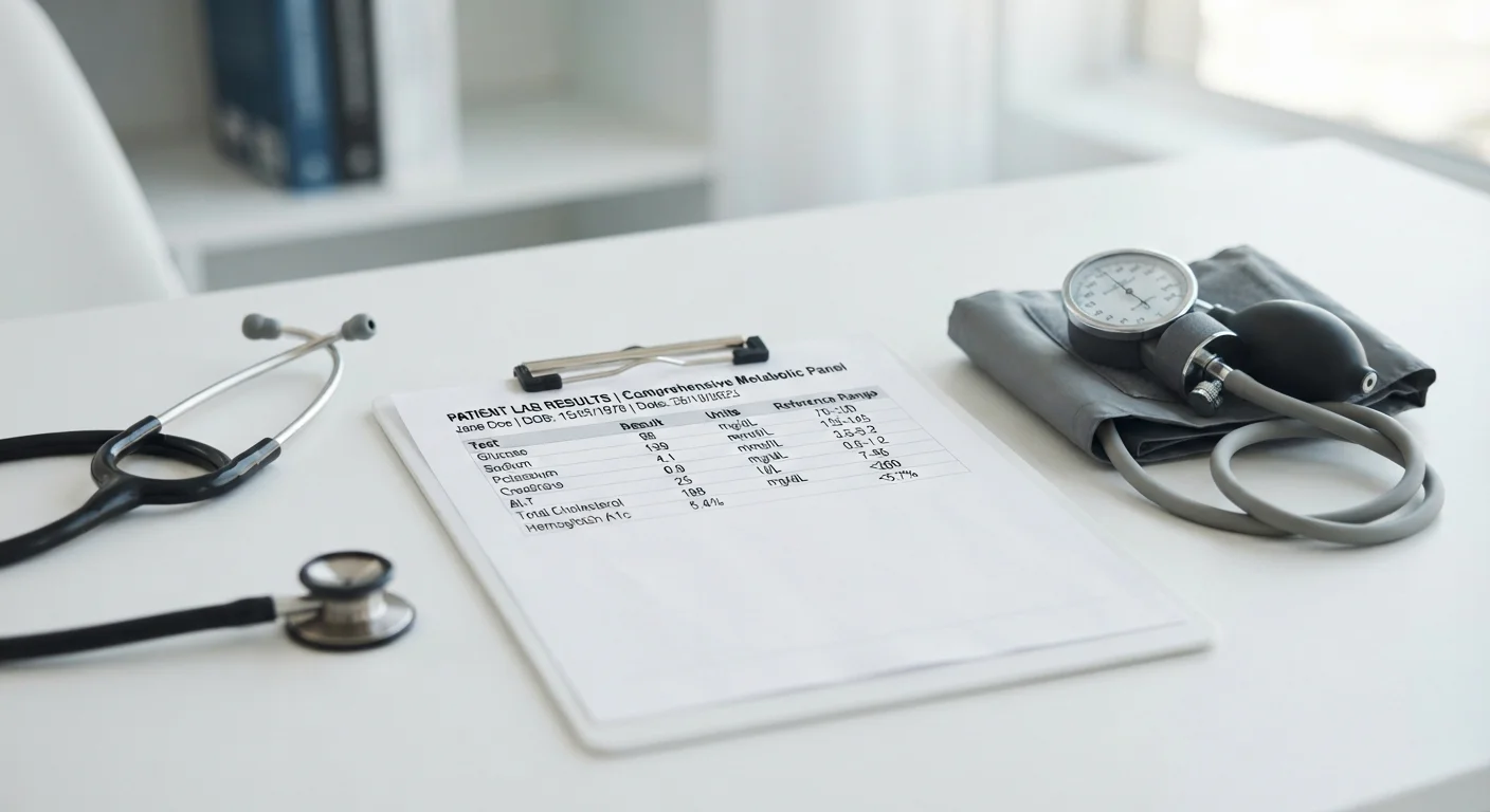 Medical clipboard with lab result numbers beside a blood pressure cuff and stethoscope