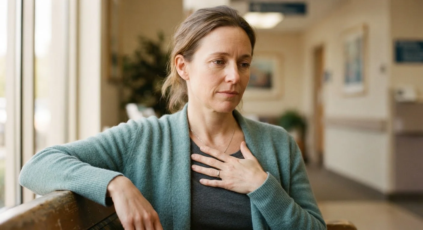 Adult placing hand on chest in a calm, thoughtful pose, representing body awareness.