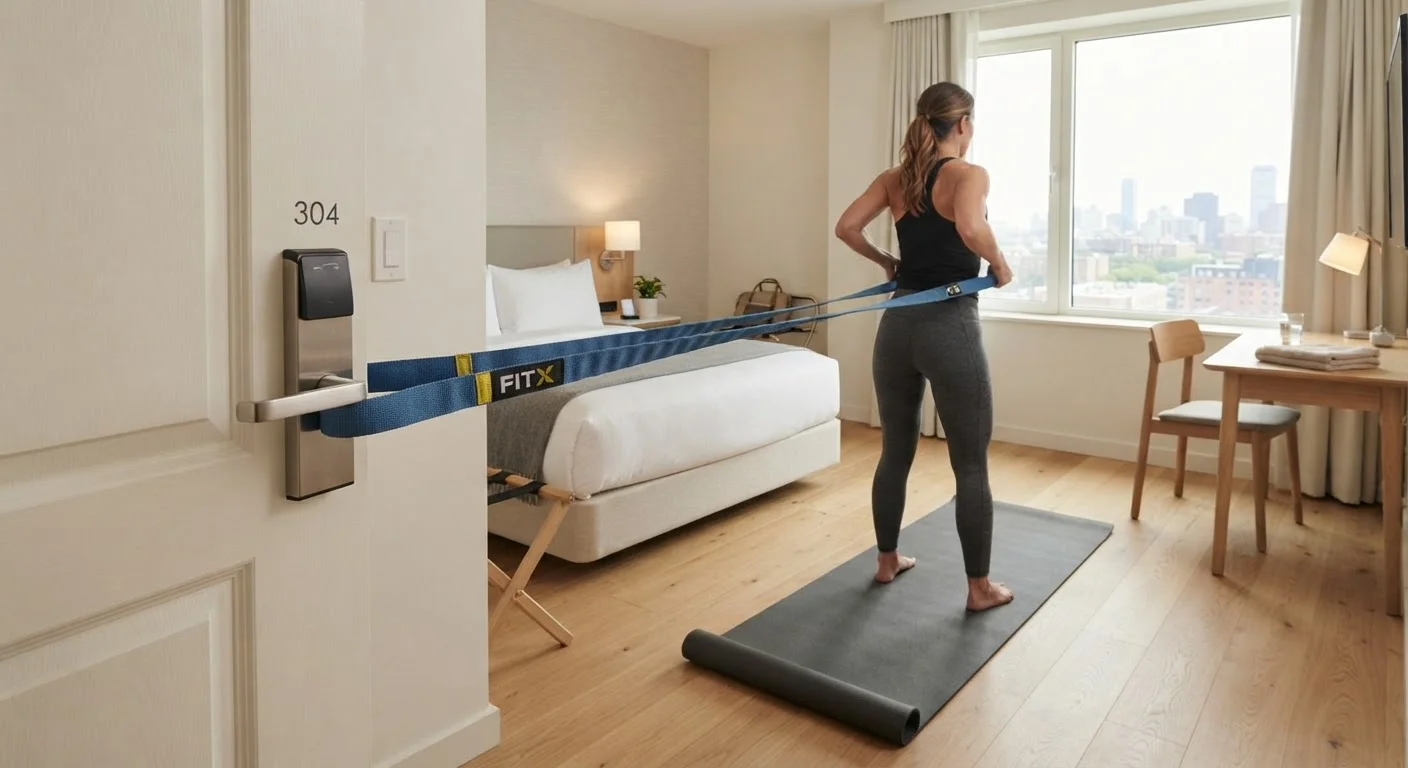 Resistance band hooked on a hotel room door beside a yoga mat ready for a workout