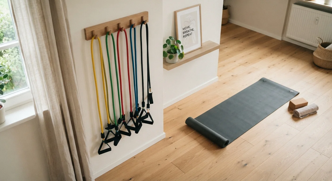 Resistance bands hanging on a wall hook next to an open home workout floor space