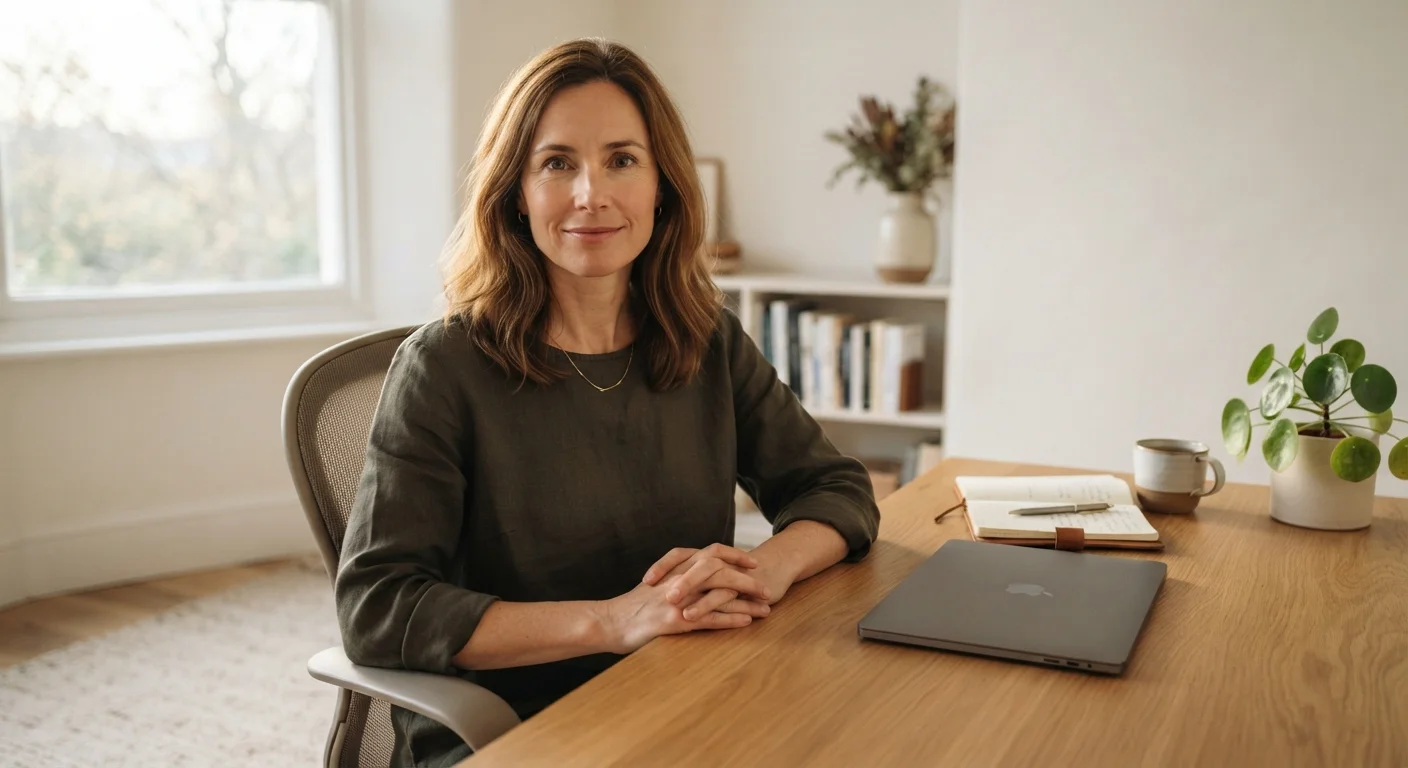 An adult sitting calmly at a desk with a closed laptop, appearing composed and intentional