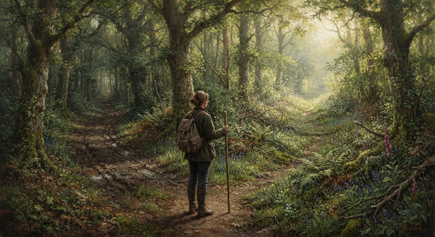 Person at a forest path fork choosing between a familiar worn trail and a new overgrown one