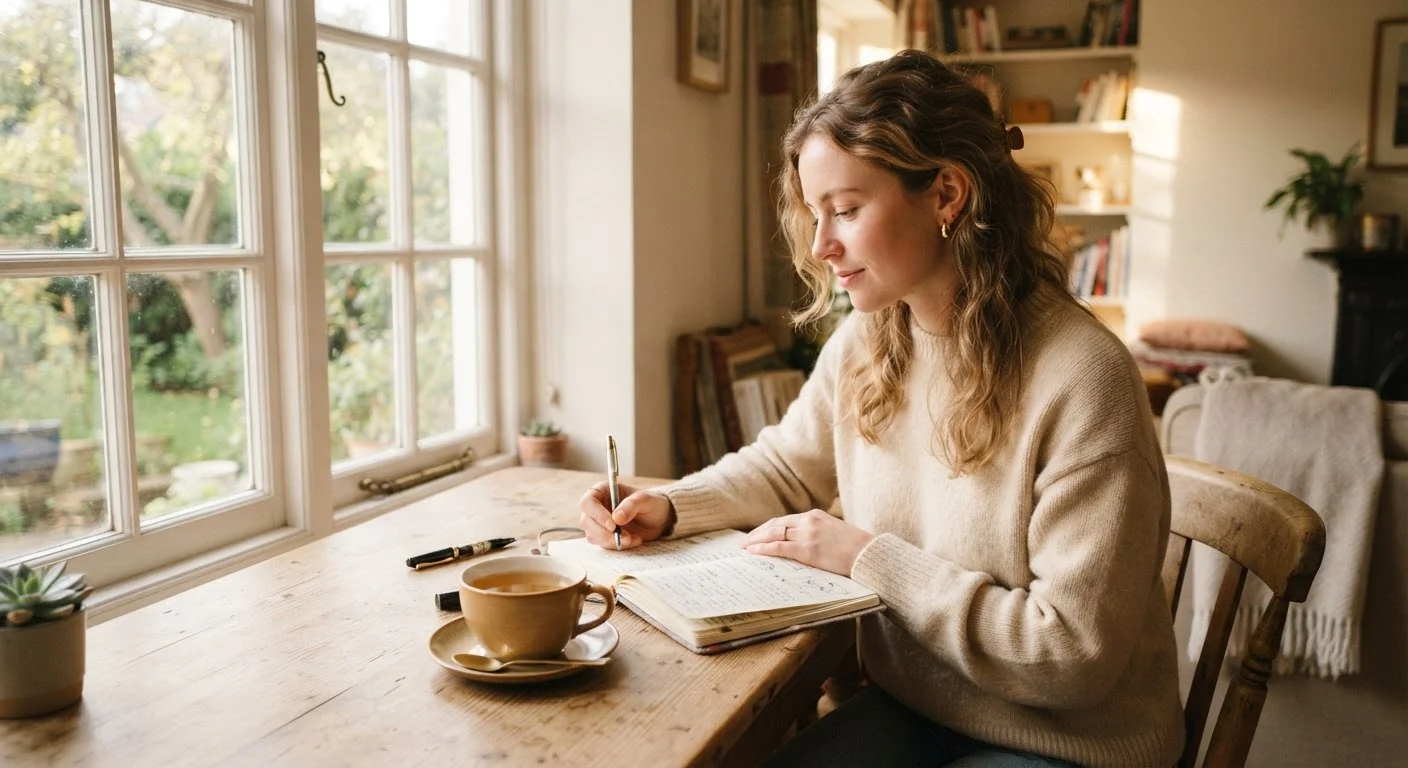 Person sitting at a sunlit table with tea and a journal in a calm morning setting