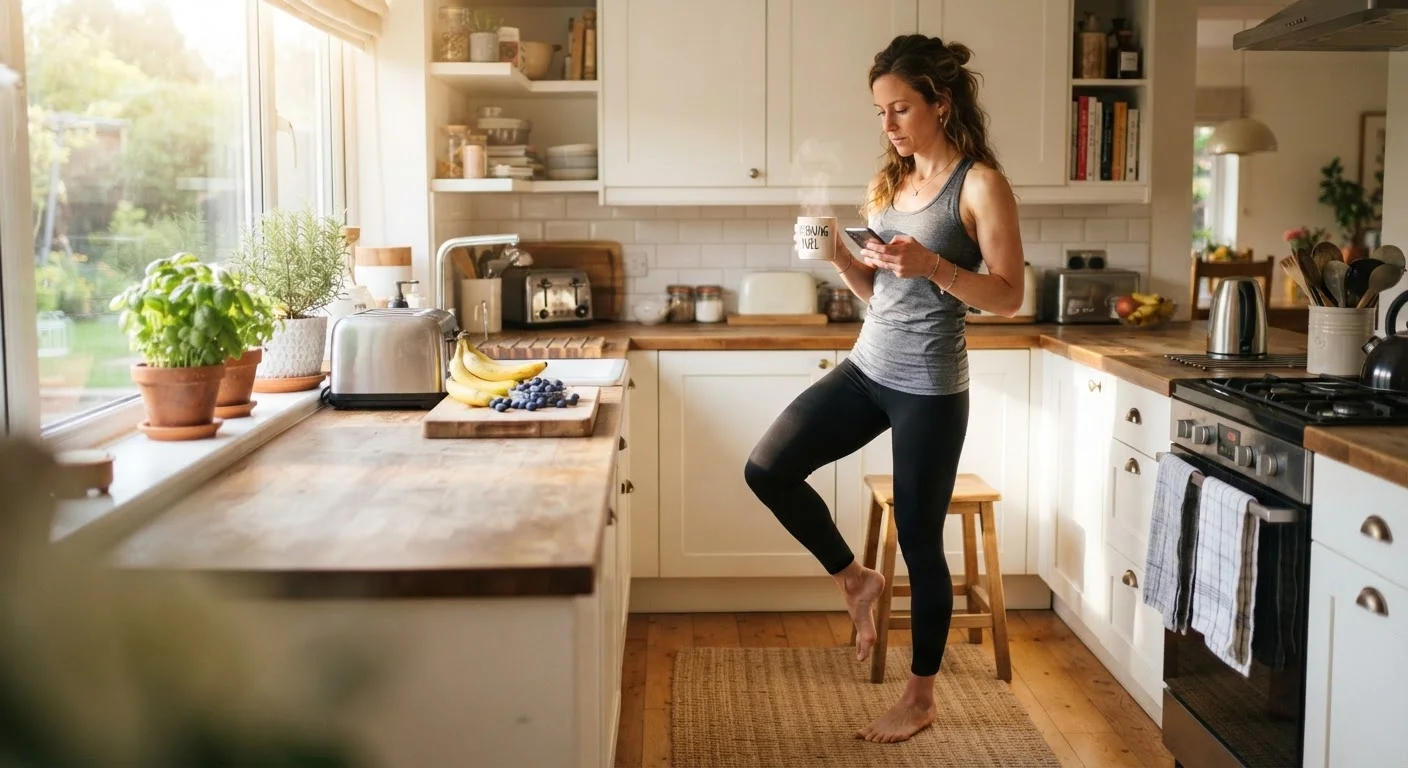 Person doing a calf raise in a sunlit kitchen while waiting for coffee to brew.