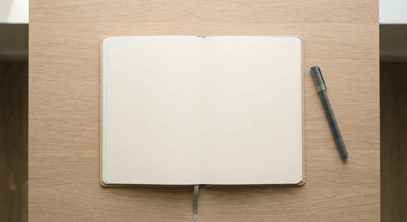 Open blank journal with a pen on a wooden desk in soft morning light