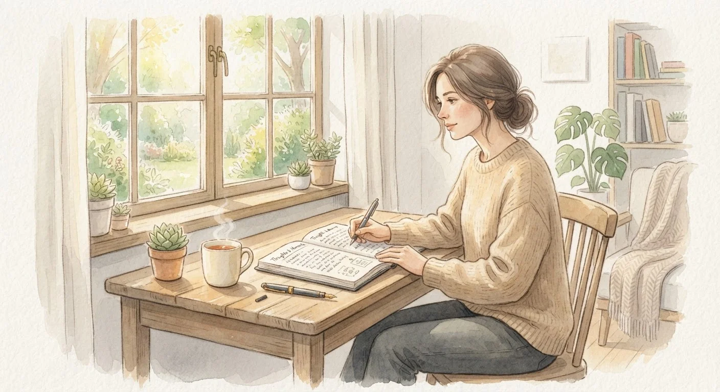 An adult journaling at a sunlit desk with a cup of tea, reflecting quietly in a peaceful home setting