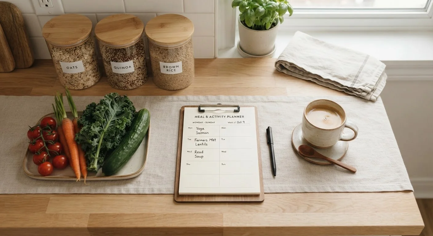 Weekly meal planner notepad on a kitchen counter surrounded by fresh produce and pantry staples.