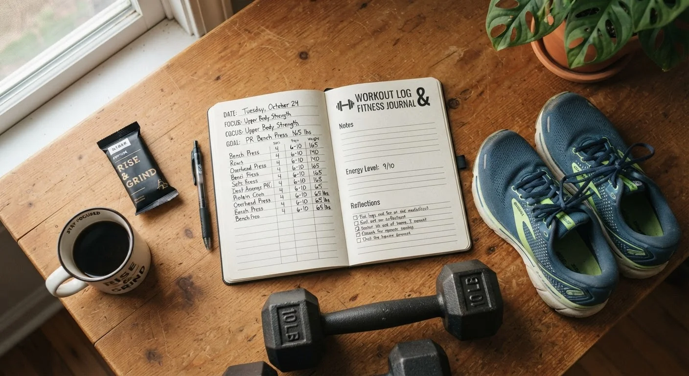 Open training journal next to dumbbells and running shoes on a wooden desk