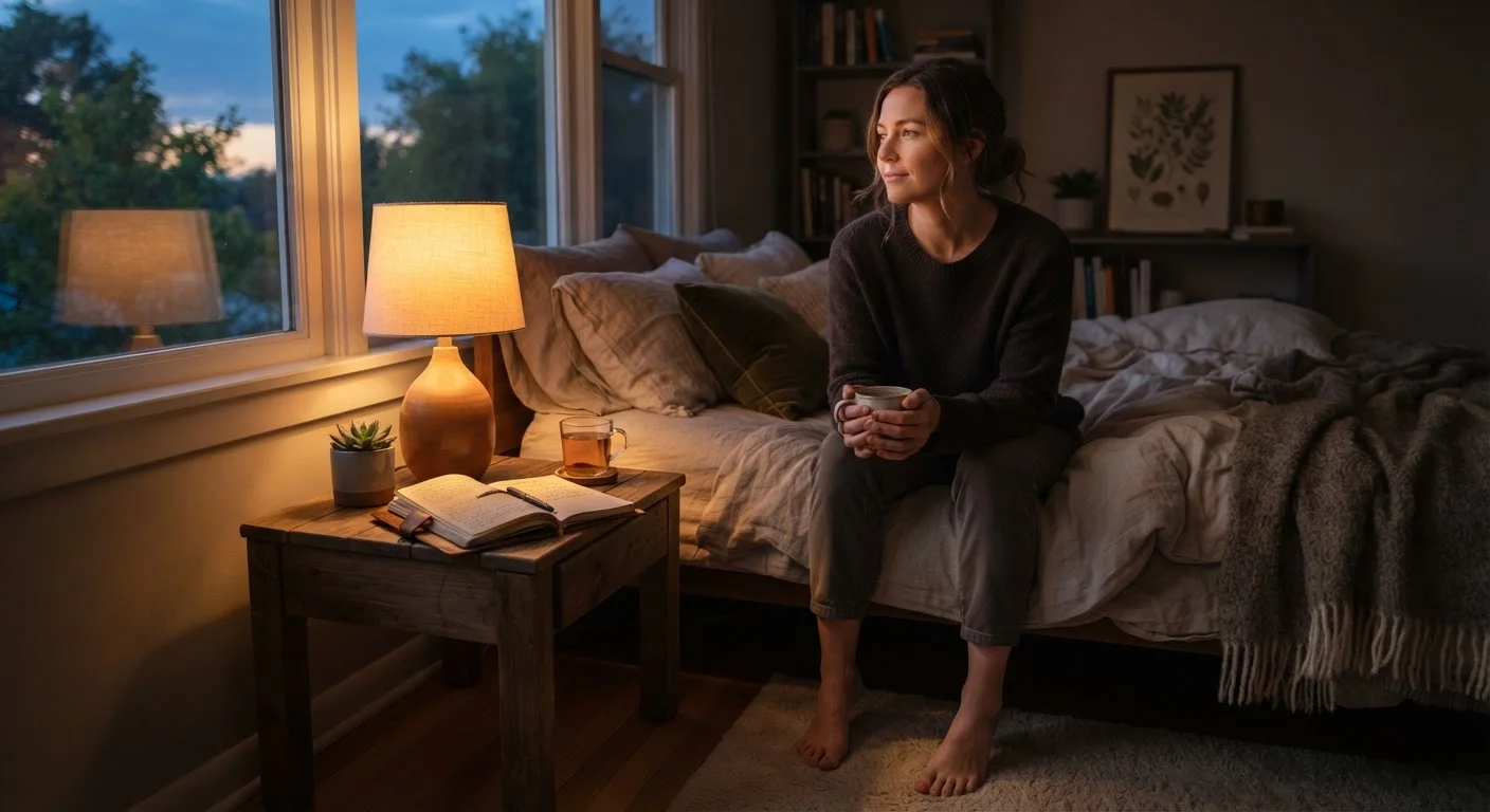 Person sitting peacefully on a bed in a warmly lit bedroom preparing for sleep.
