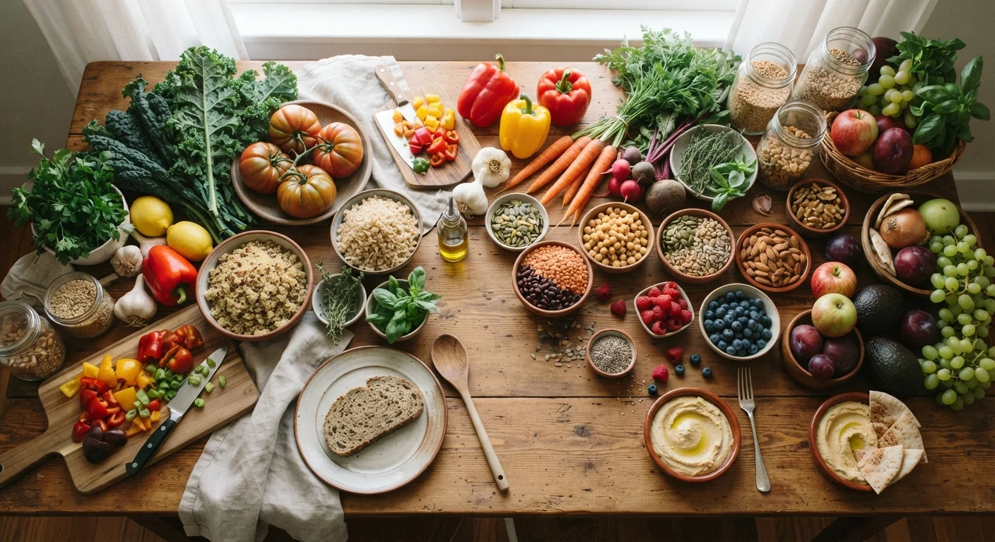 A kitchen table displaying a diverse, colorful spread of whole foods and fresh vegetables.