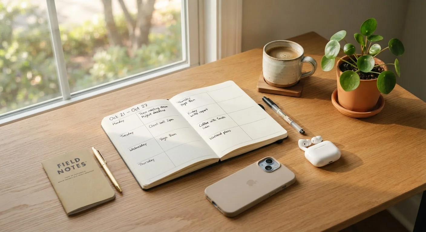 An open planner on a tidy desk with coffee and morning sunlight, symbolizing daily routine planning.