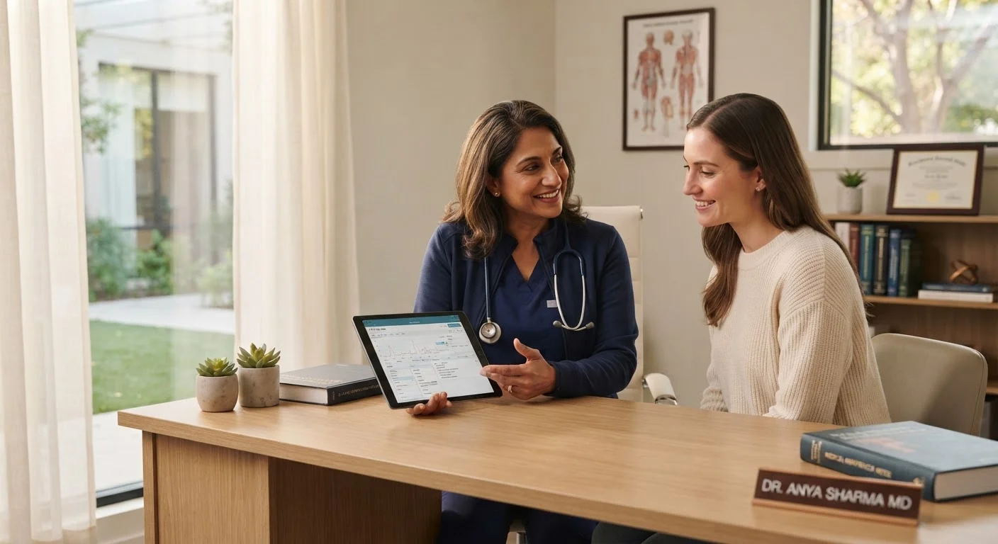 A doctor and patient discussing cancer screening charts in a bright, modern clinic
