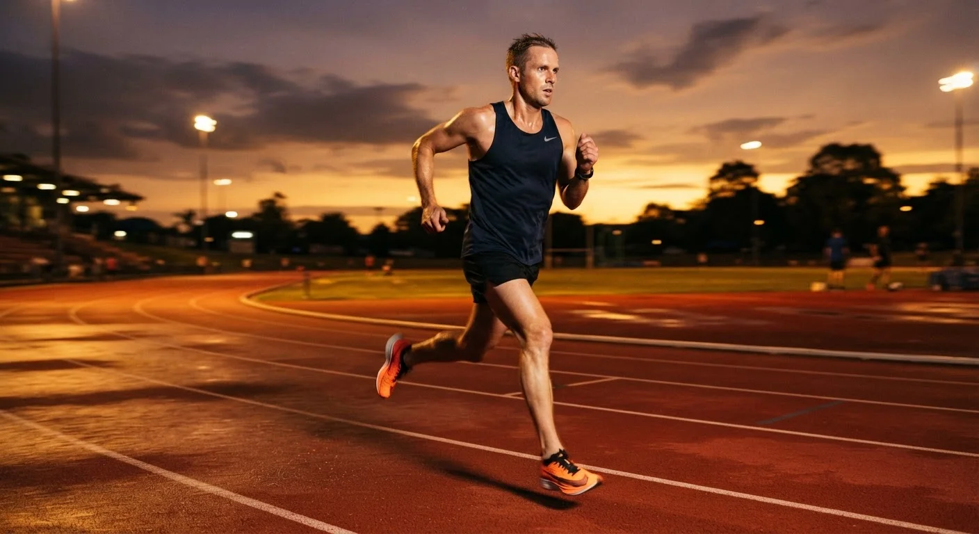 Adult runner on a track at dusk with warm golden light and motion blur