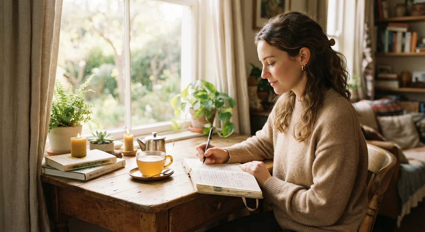 Person journaling at a sunlit desk with tea, reflecting on personal emotional well-being
