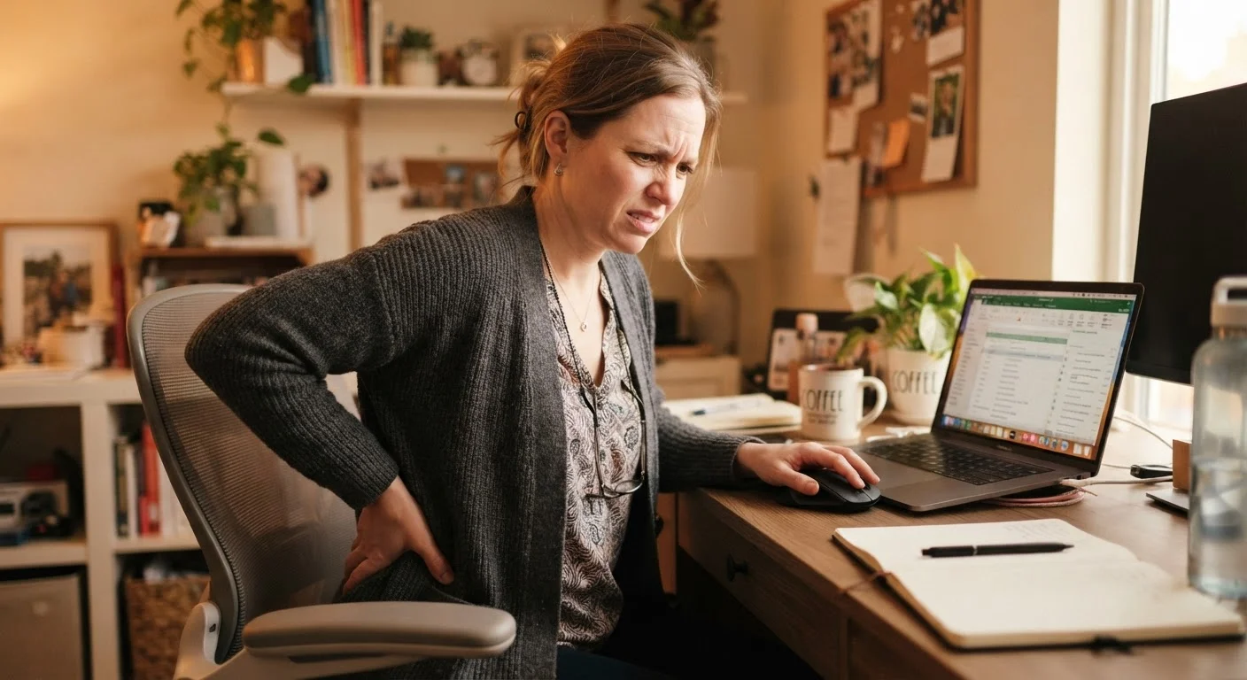 Adult sitting at a desk with one hand pressed against their lower back in discomfort