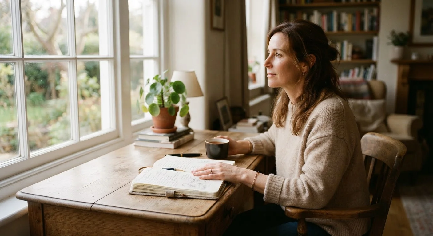 A person sitting at a desk with a journal, looking thoughtful and calm in natural light