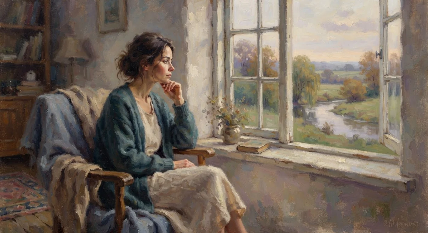 A person sitting by a window, gazing outside with a calm, thoughtful expression in warm light