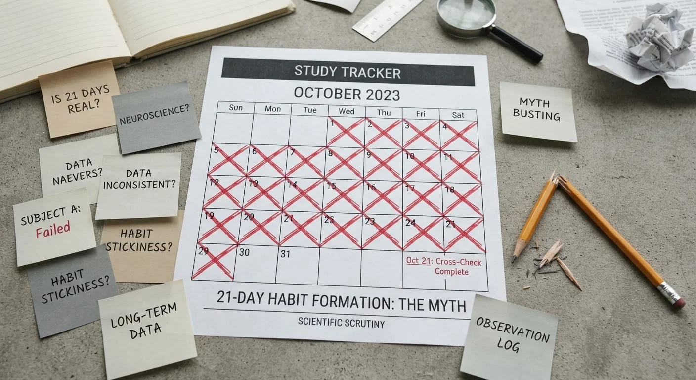A 21-day calendar with crossed-off dates and scattered notes suggesting habit tracking