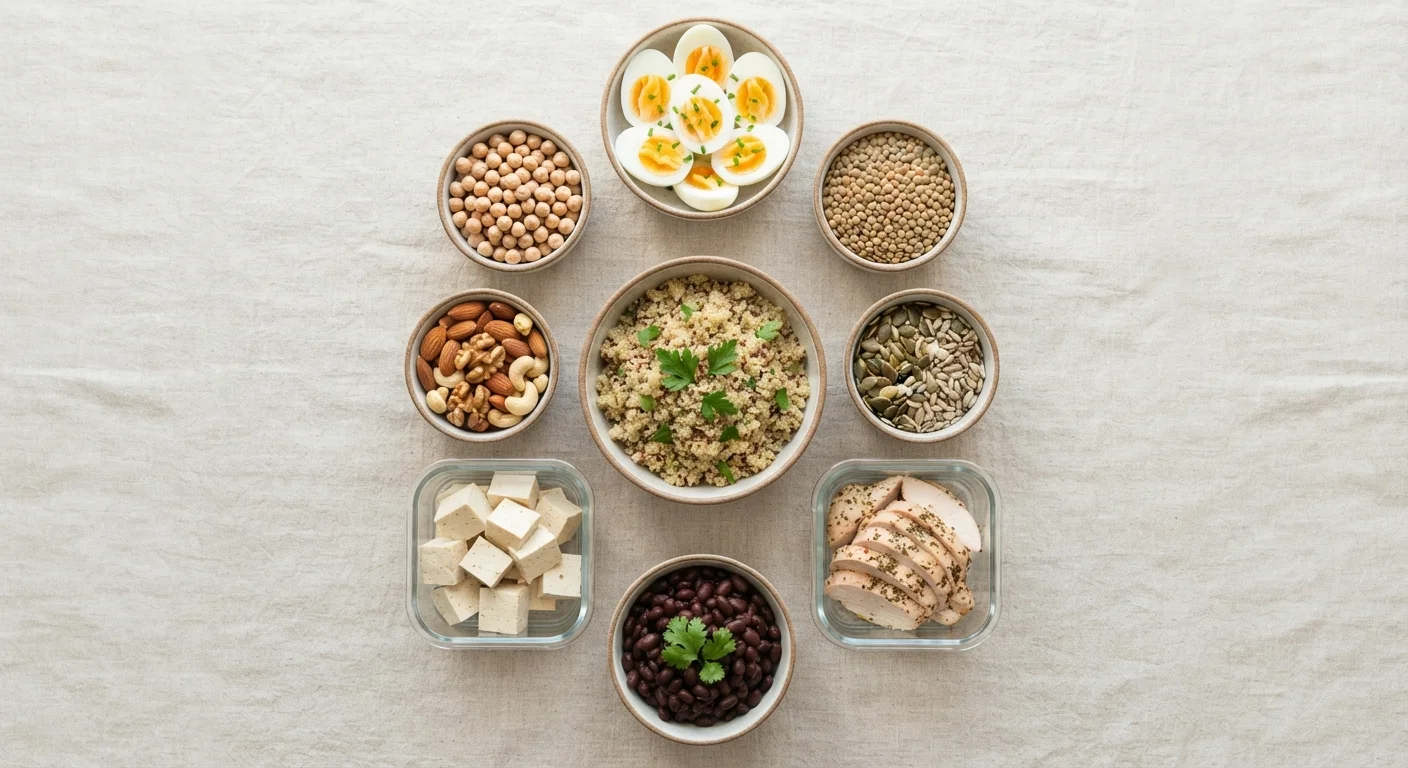 A flat-lay arrangement of complete and incomplete protein food sources including eggs, legumes, and nuts