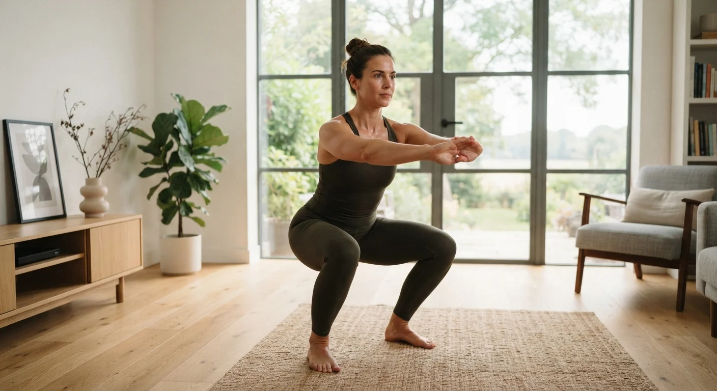Person performing a bodyweight squat in a bright, minimally furnished living room.