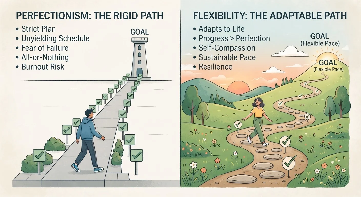 Two contrasting paths representing perfectionist streaks versus flexible consistency in habit formation