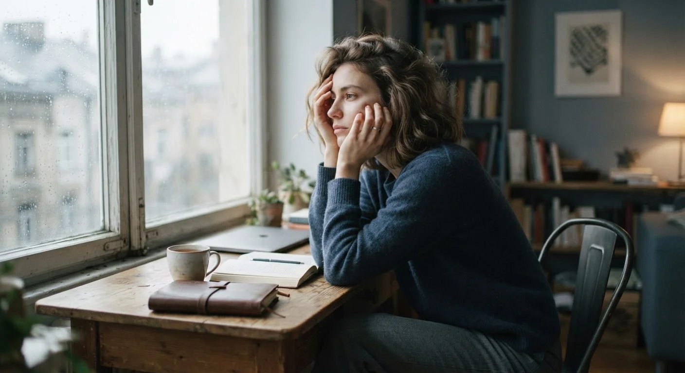 Exhausted adult sitting at a desk with head in hands, looking distant and fatigued.