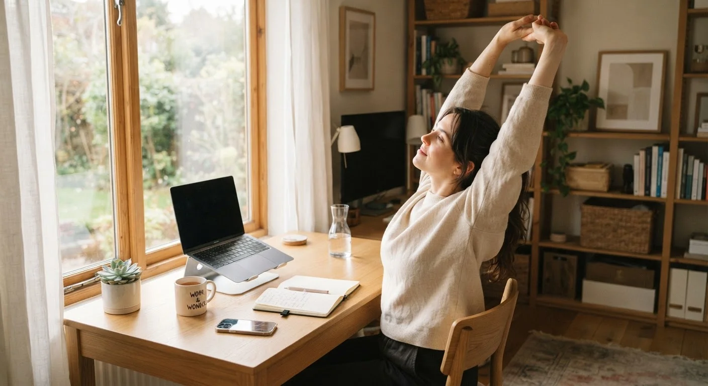 Person stretching arms overhead at a home office desk during the workday.
