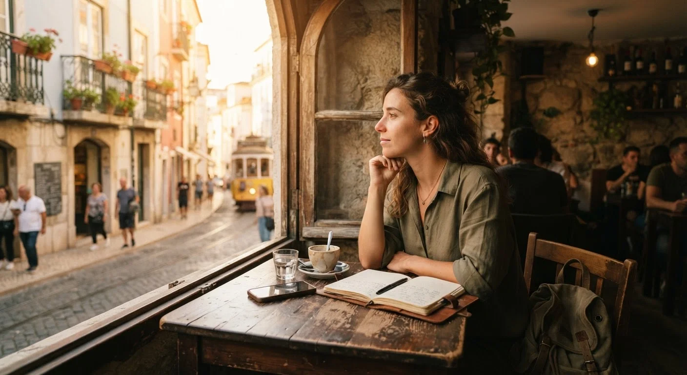 Solo traveller sitting at a café abroad with phone face-down, looking thoughtfully out the window.