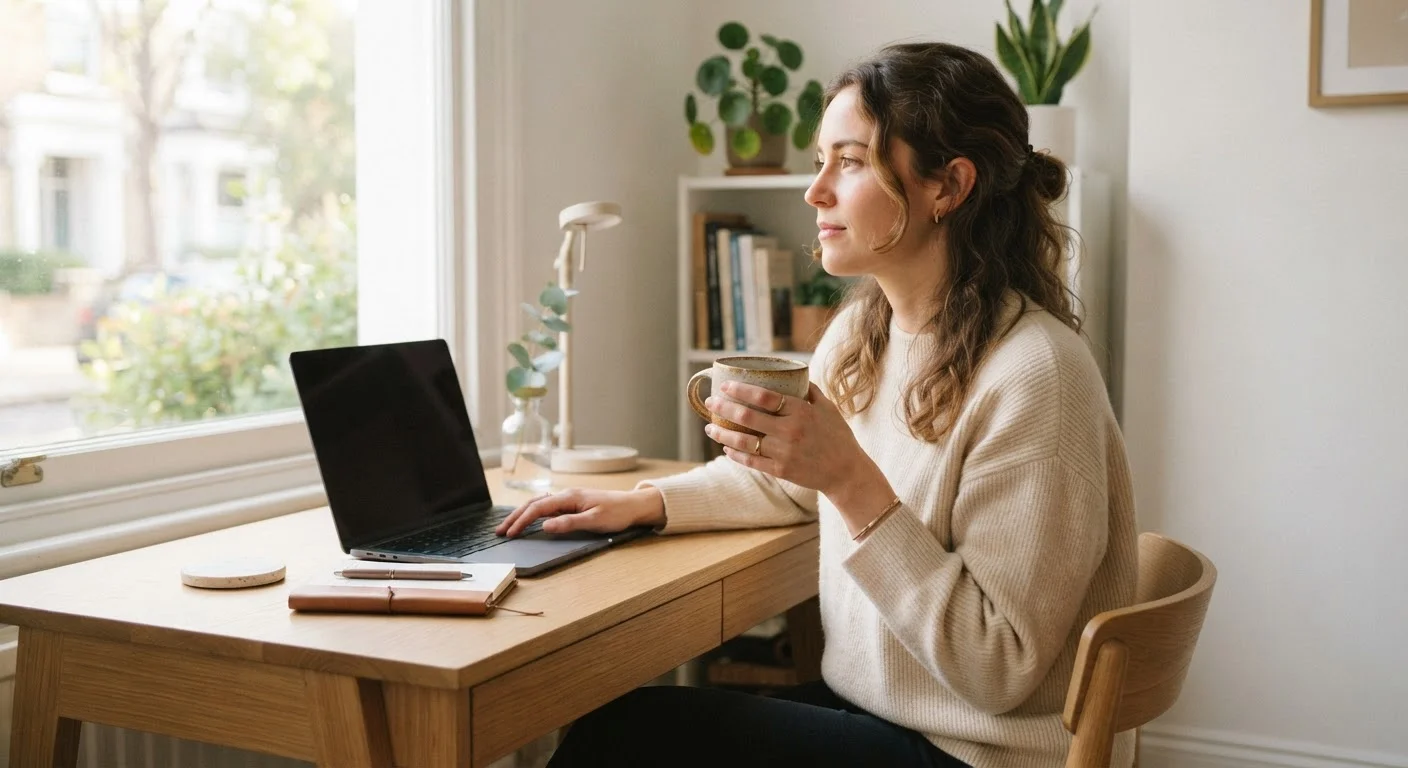 Person sitting mindfully at a desk with a closed laptop and warm mug in natural light