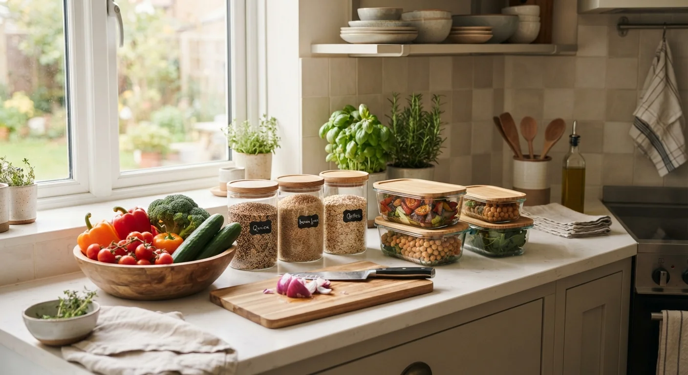 Organized kitchen counter with fresh vegetables, whole grains, and meal prep containers.