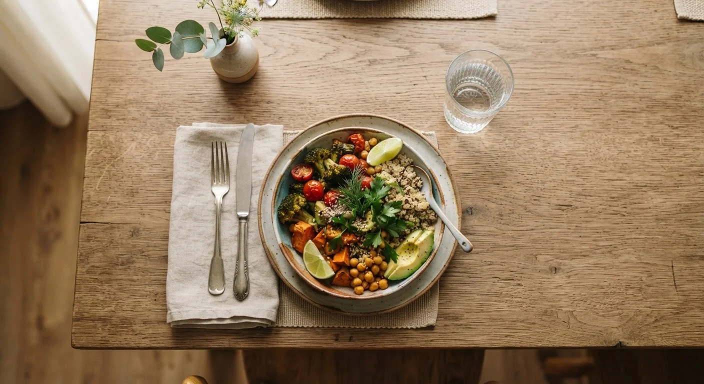 A simple, colorful meal on a wooden table with no screens or distractions present.